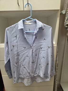 Blue Striped Women's Blouse with Bird Print